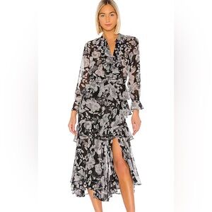 MISA Los Angeles Agnese Dress Grey Floral Long Sleeve Tiered Dress